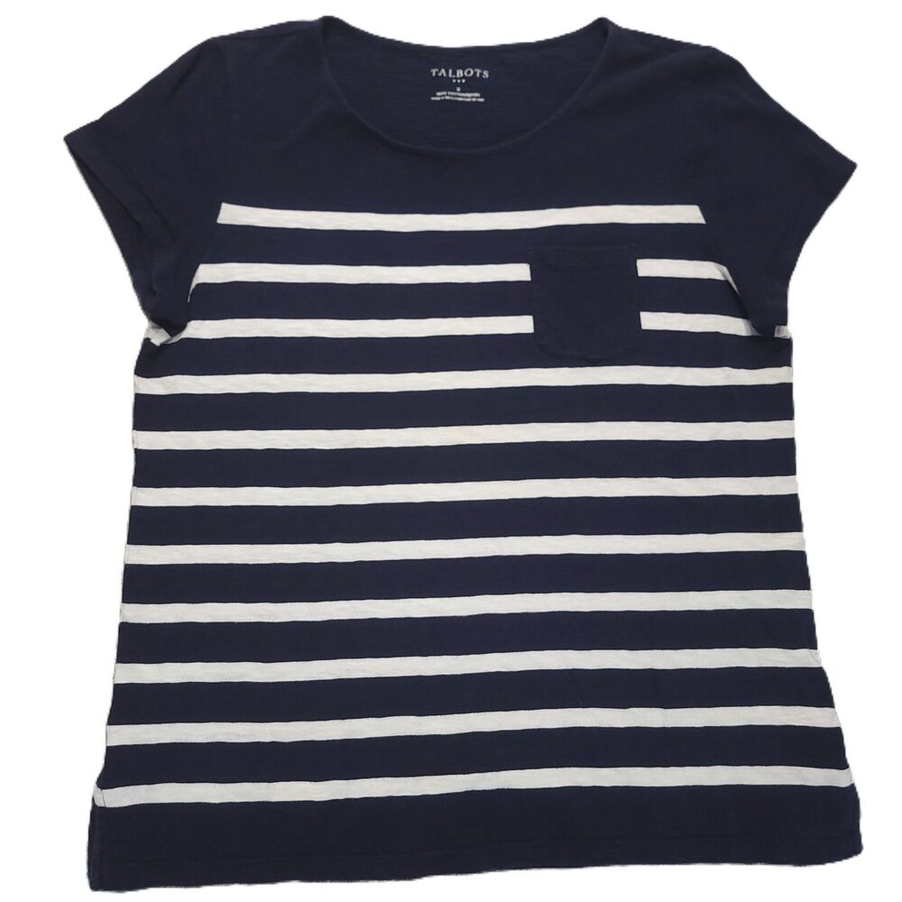 Talbots Women S Top Round Neck Pocket Navy White Striped Cotton T-Shirt